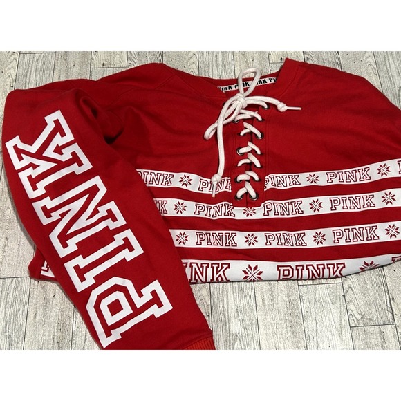 Victoria's Secret Tops - Victoria's Secret Pink Campus Lace-up Pullover Holiday Red Pepper Logo SMALL